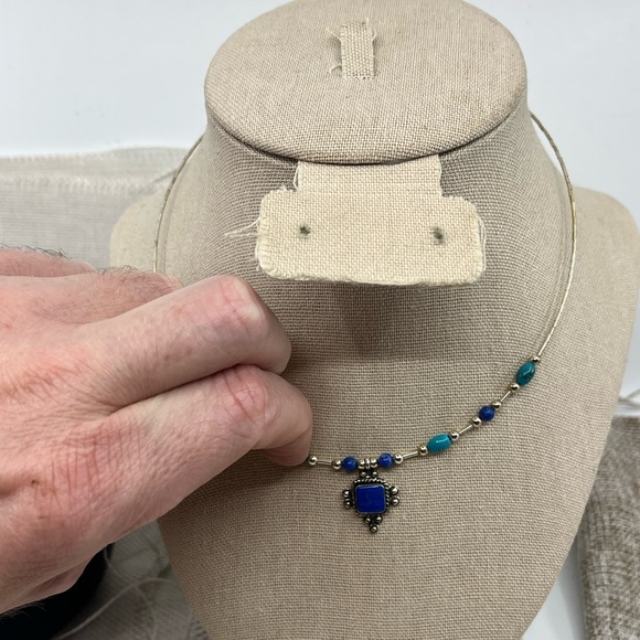 Vintage Southwestern Flexible Sterling Silver Necklace with Lapis & Turquoise - Picture 9 of 15